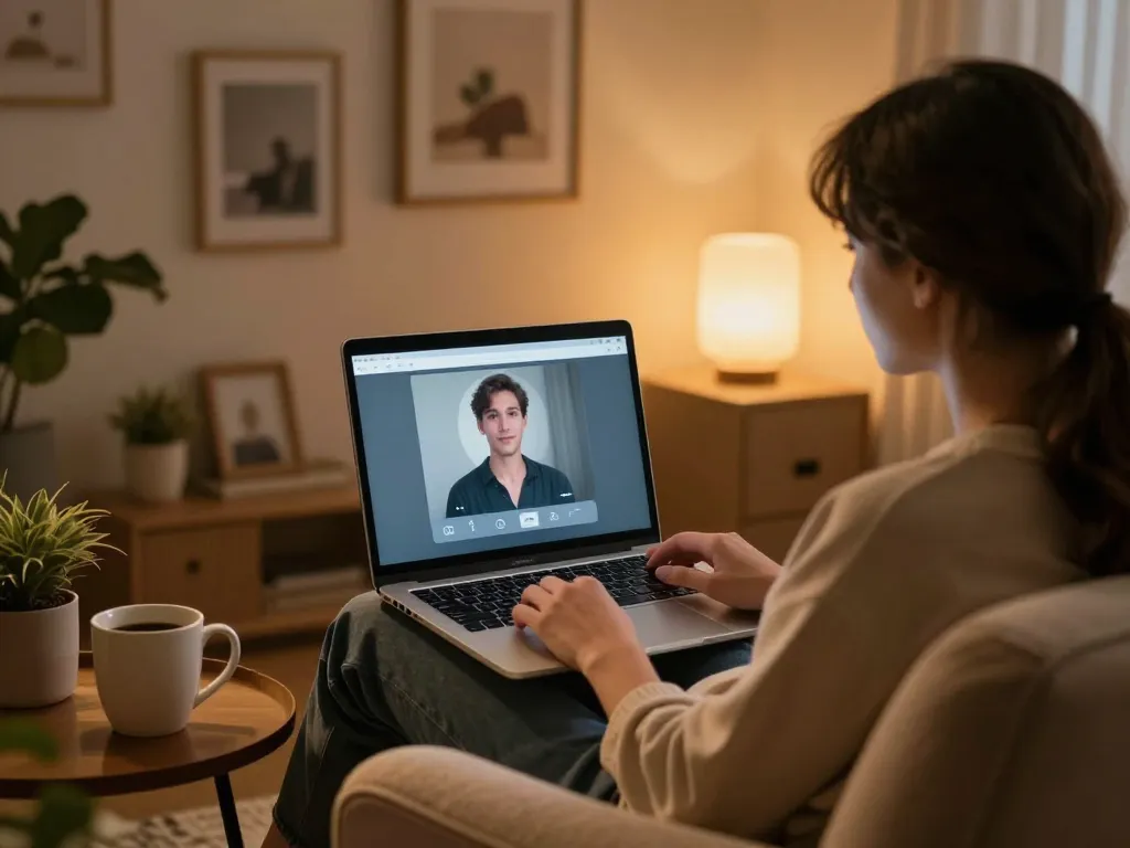 Engaging in an AI sex chat in a cozy home setting with a laptop