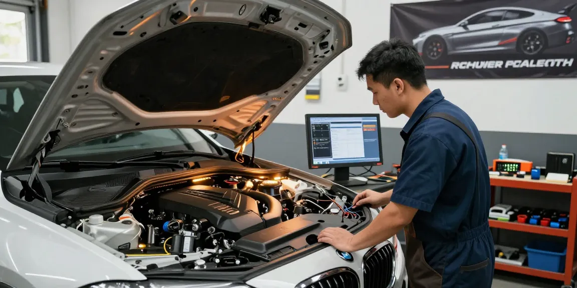 Chiptuning Hannover: Professioneller Mechaniker arbeitet an BMW Motor für optimale Leistung