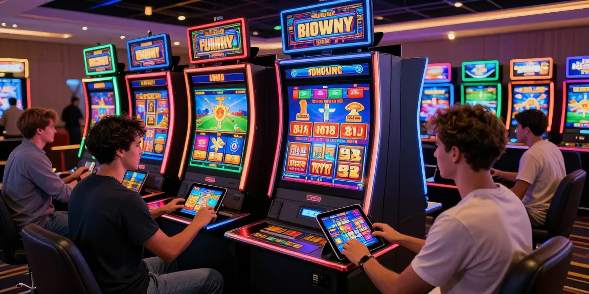 Engaging players enjoying slot deposit 5k gaming on a tablet amidst vibrant online casino atmosphere.