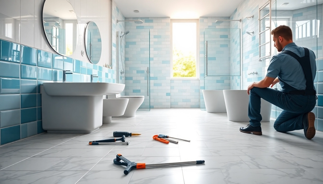 Bathroom installers expertly renovating a modern bathroom with vibrant tiles and natural lighting.