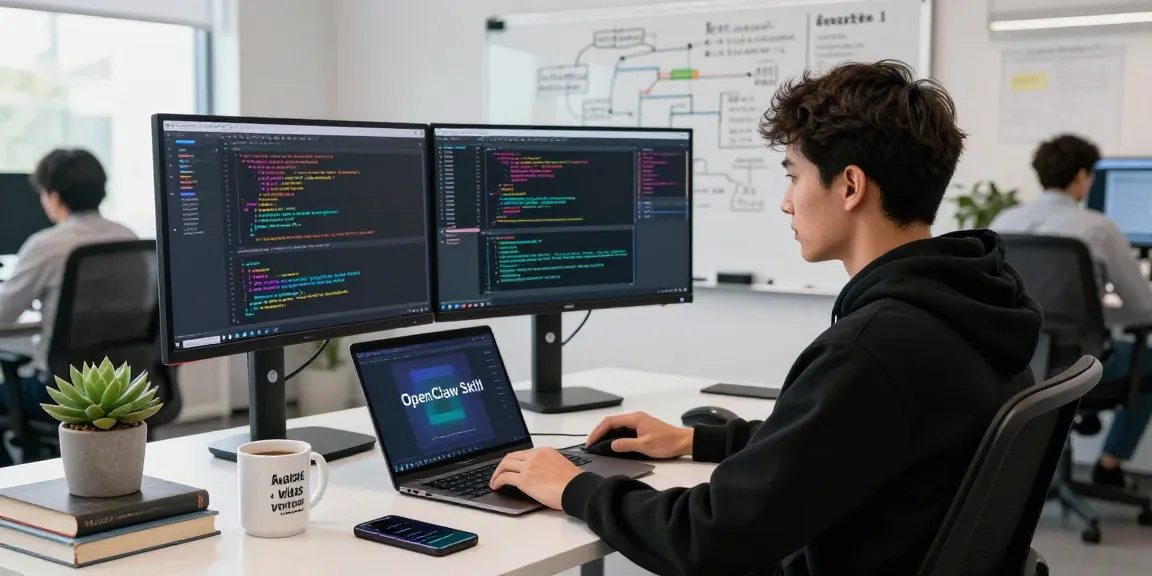 Developer utilizing an openclaw skill in a modern tech workspace with dual monitors and collaborative tools.