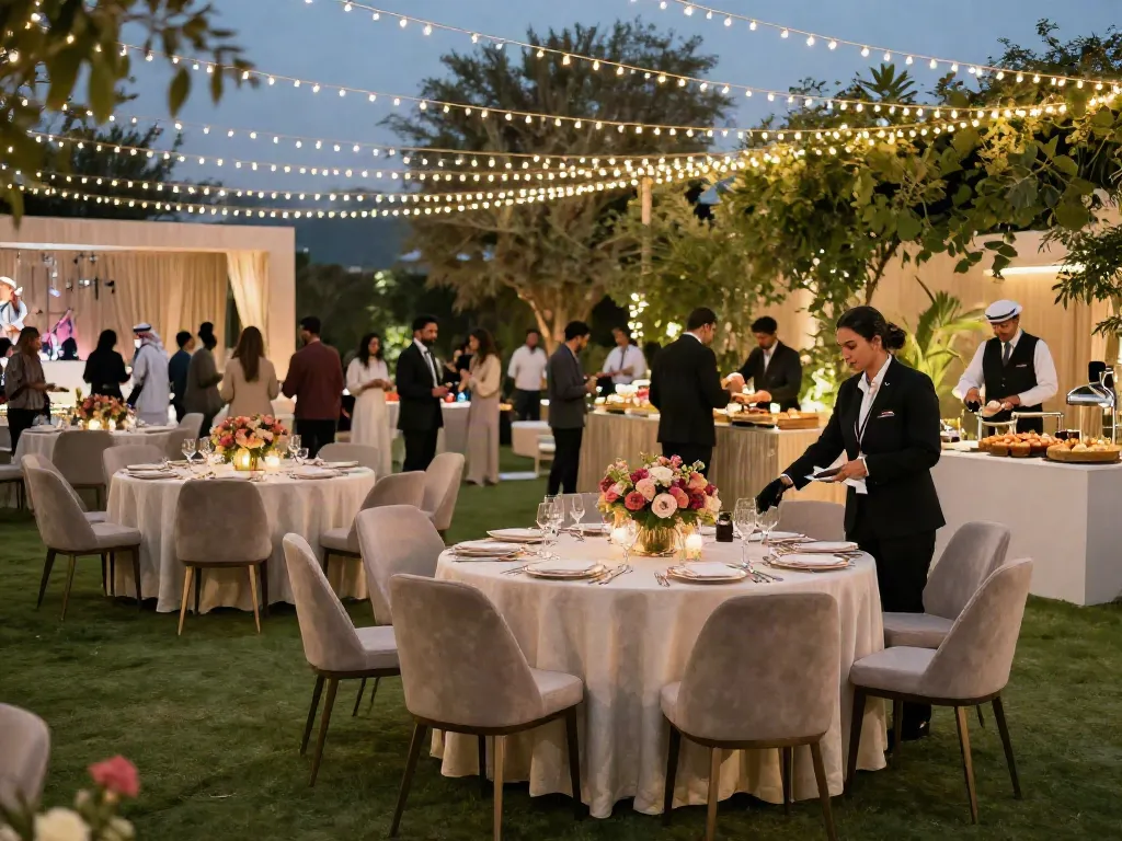 Stylish outdoor event setup featuring luxury event furniture rental in Saudi Arabia