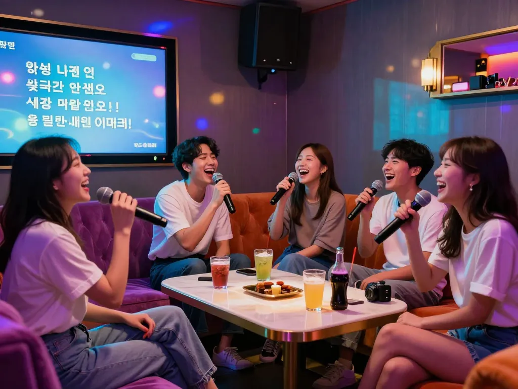 부평쓰리노에서 활기찬 노래방 밤을 즐기는 친구들, 다채로운 조명과 즐거운 분위기.