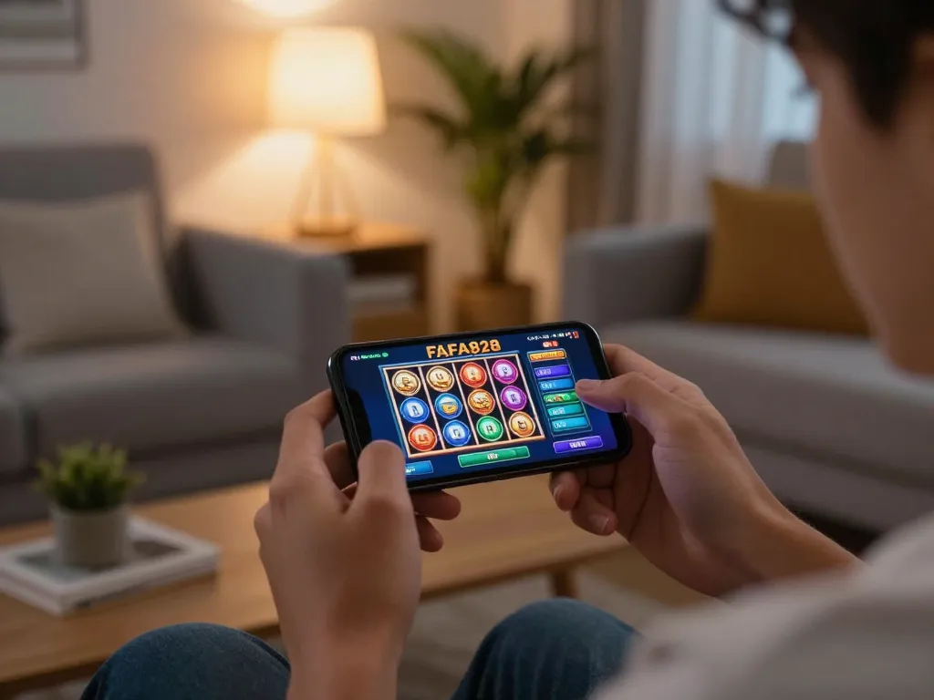 Players engaging with FAFA828 mobile app for slots in a cozy living room, highlighting a vibrant gaming experience.