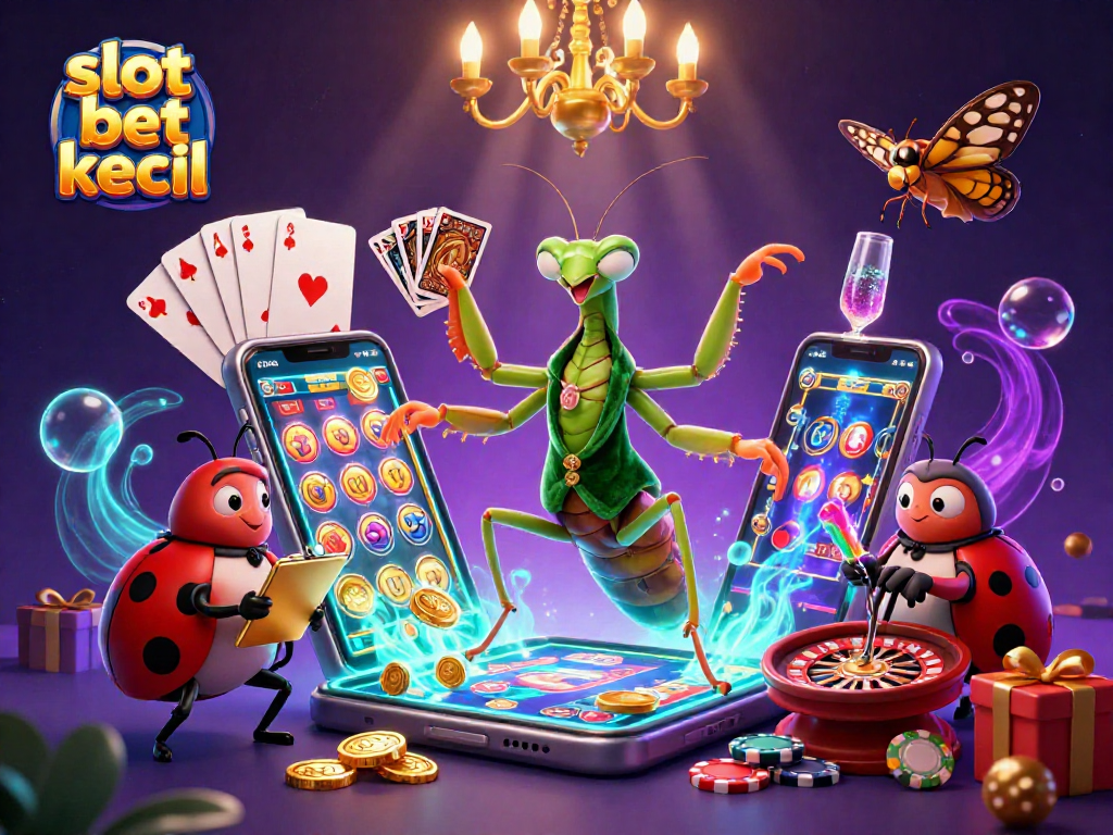 Slot bet kecil menampilkan karakter bercarta dengan suasana kasino yang menggembirakan.