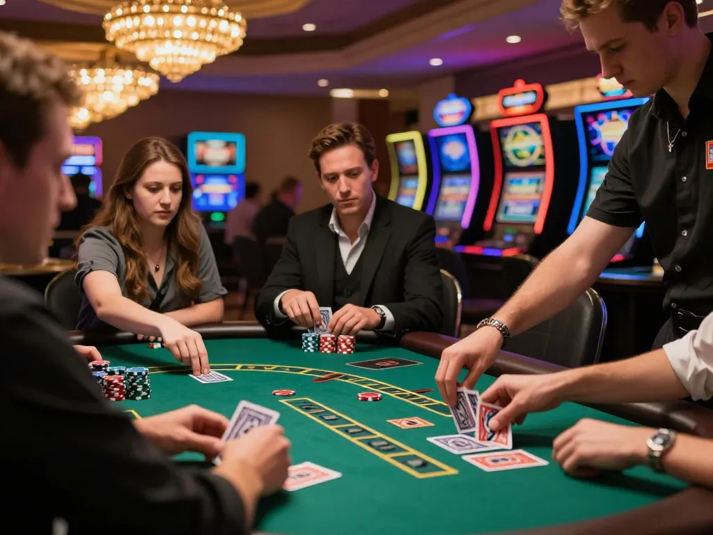 Players engaging in high-stakes blackjack at a stylish casino table, showcasing the thrill of open888 gaming.