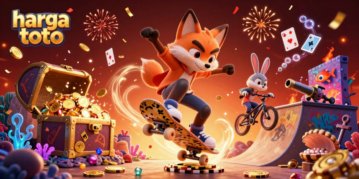 Win big with harga toto as a skateboarder fox flips over golden poker chips near vibrant underwater treasures.