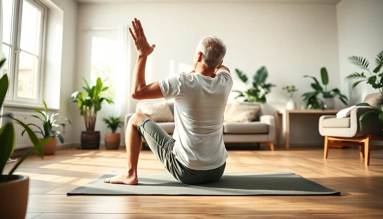 Practicing yoga as effective back pain remedies in a bright home environment.