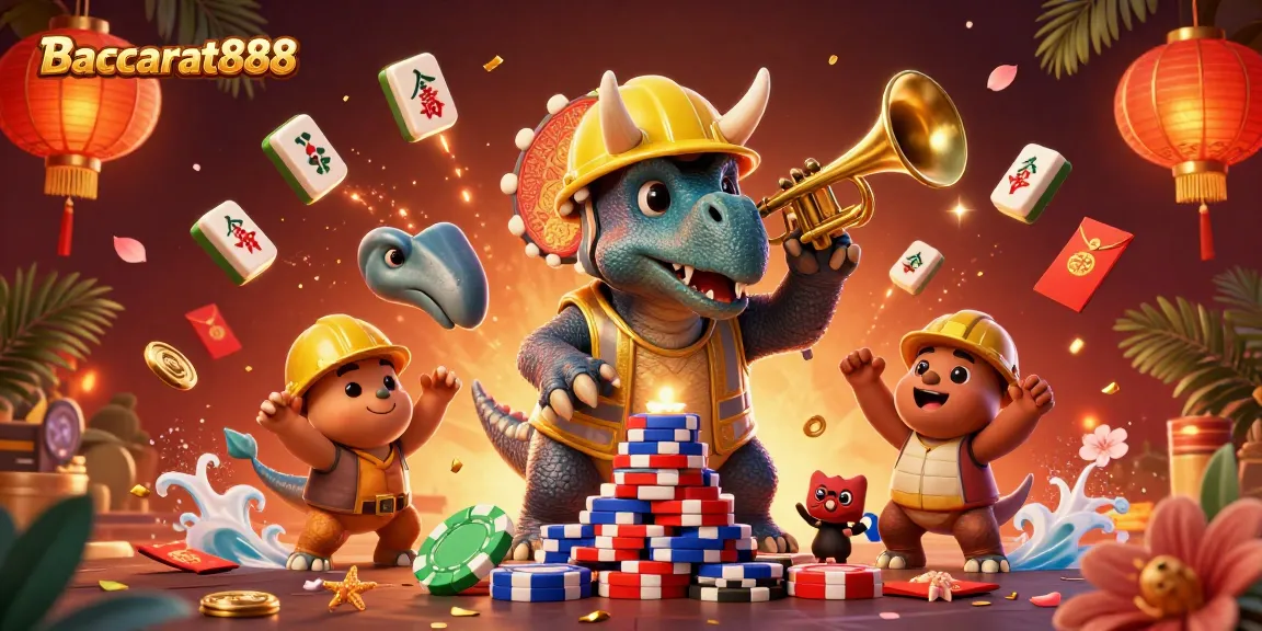 Baccarat888 features a lively scene with cartoon dinosaurs celebrating casino wins amid colorful gambling elements.