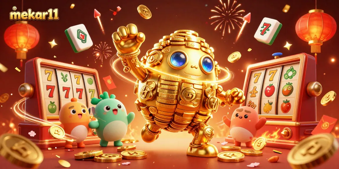 Spin the reels with mekar11's golden golem amidst lively casino celebration elements.