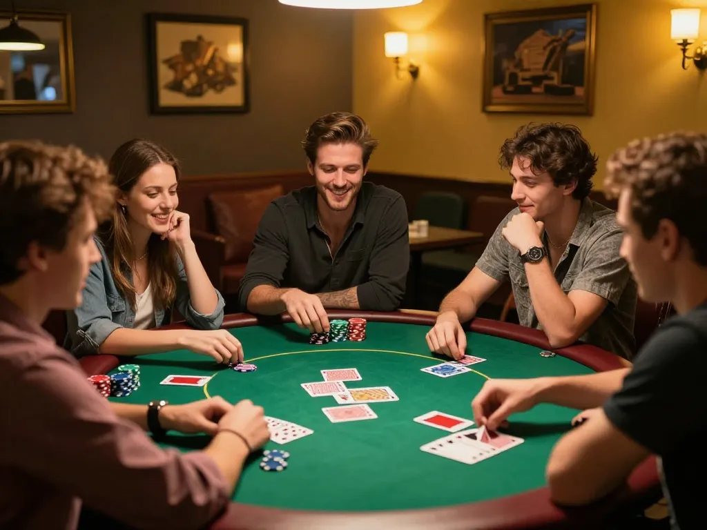 Friends enjoying a poker night around the table at home, enhancing the g28 gaming experience with strategic gameplay.