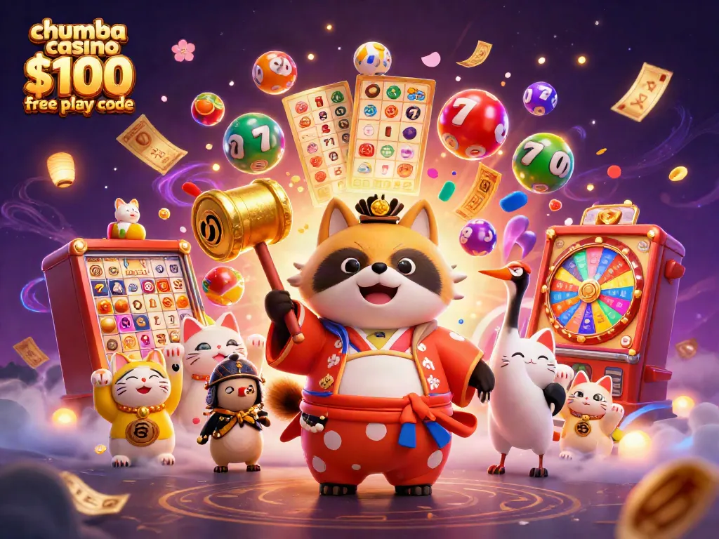 Engage in gaming excitement with the chumba casino $100 free play code surrounded by vibrant slot elements and lucky symbols.
