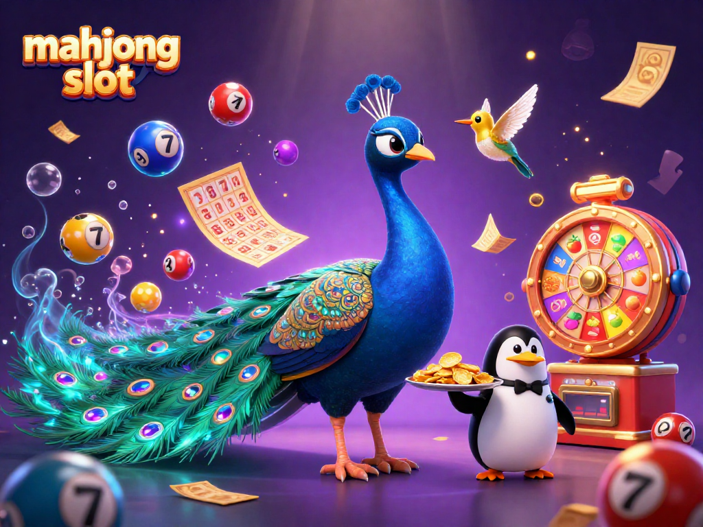 Slot mahjong yang menarik dengan karakter kartun dan elemen kasino yang berwarna-warni.