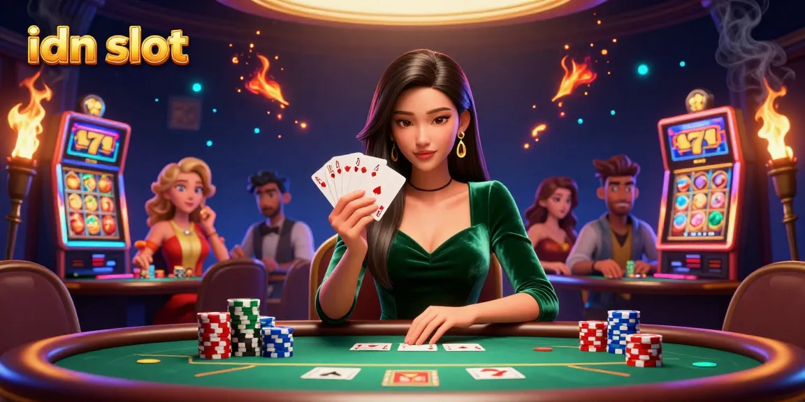 Experience thrilling idn slot gameplay with vibrant visuals and detailed characters at a luxury poker table.