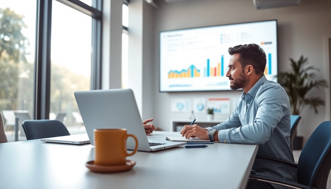 Search consultant analyzing data insights in a bright and modern office environment.