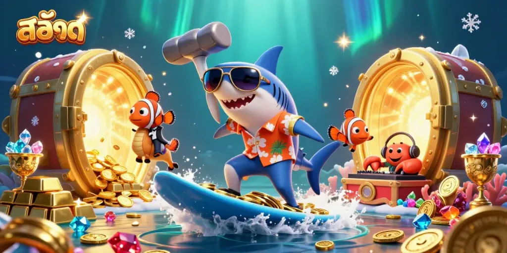 Engage in thrilling สล็อต adventures with a vibrant 3D illustration featuring a shark, clownfish, and crab amid gold coins.