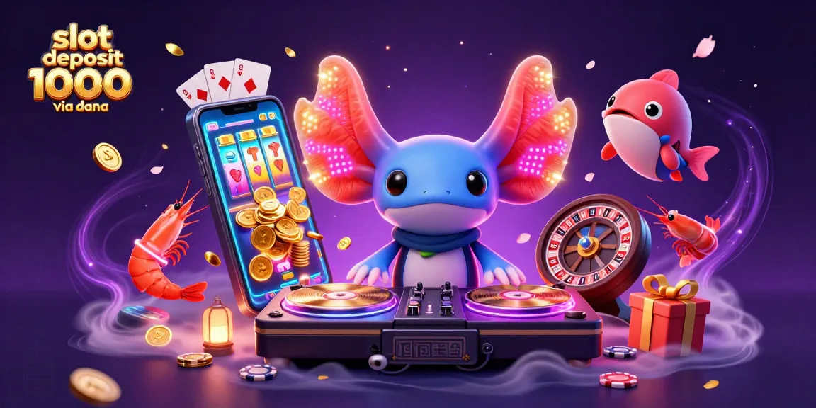 Menangkan slot deposit 1000 via dana dengan ilustrasi DJ axolotl neon dan elemen kasino yang meriah.