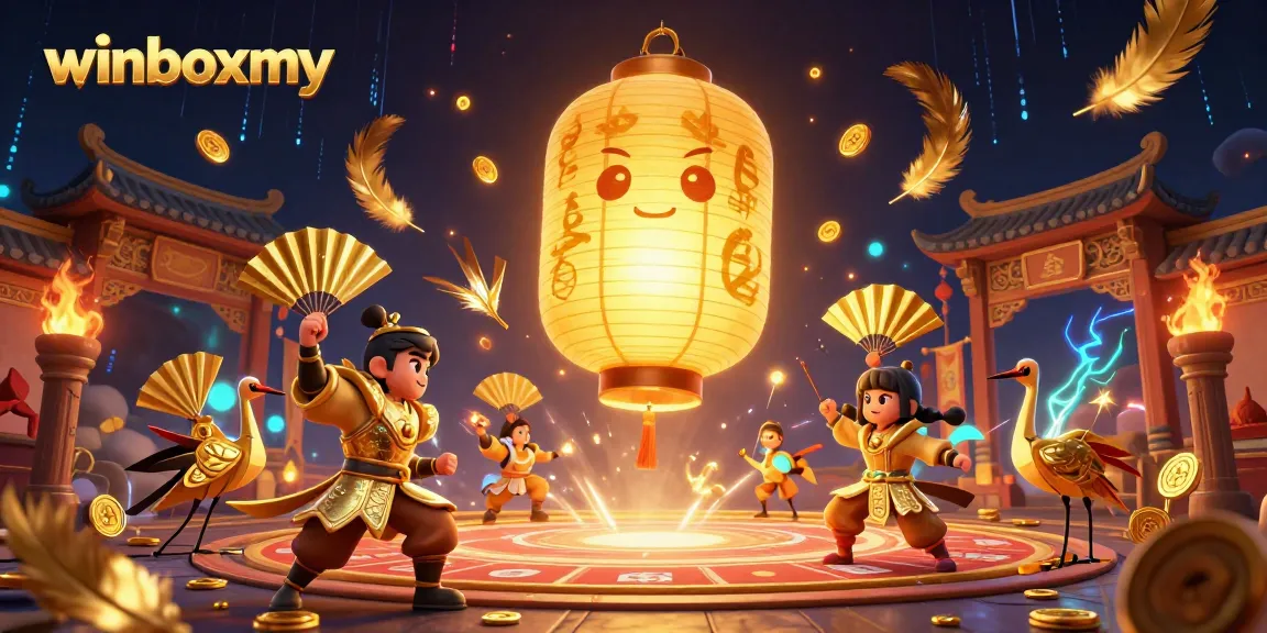 WinboxMY online casino illustration showcasing a golden lantern spirit, casino games, and vibrant elements.