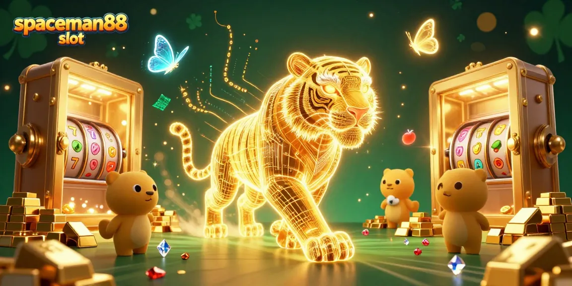 Experience the thrill of spaceman88 slot as the golden tiger navigates a vibrant digital casino landscape.