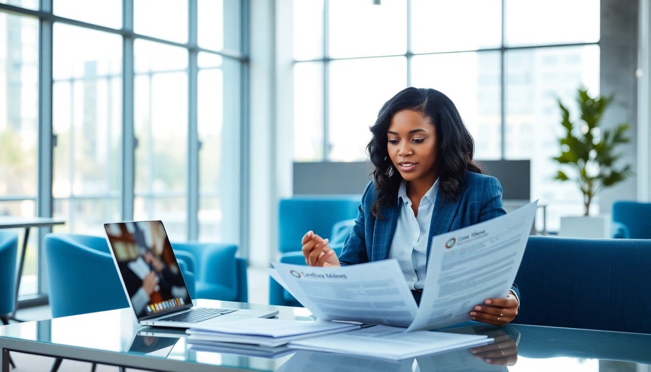Consultant conducting registration and certification in Federal databases for federal contracts in a bright office.
