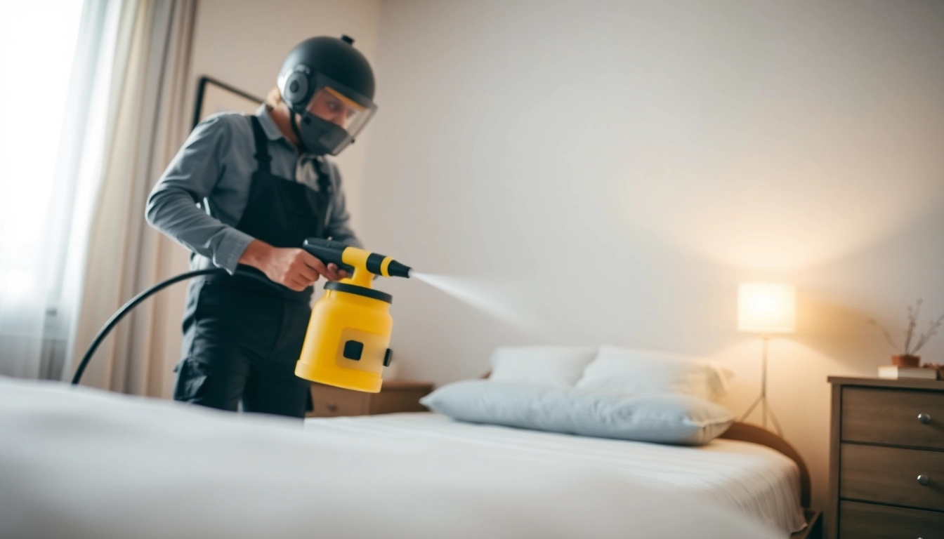 Bed bug exterminator waukesha applying treatment in a clean bedroom for effective pest control.