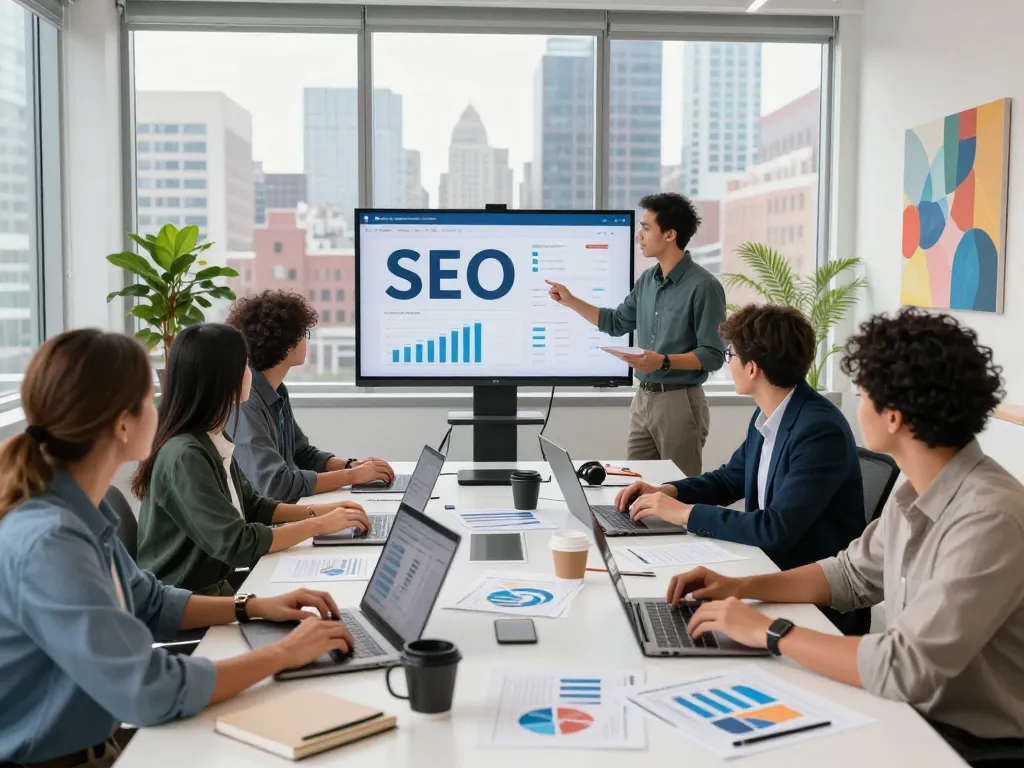 New York SEO Services team collaborating in modern office with analytics and strategy presentations.
