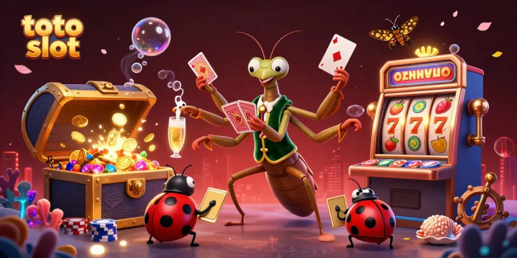 Engage with the thrilling world of toto slot as a giant praying mantis card sharp deals cards and pours champagne in a vibrant casino scene.