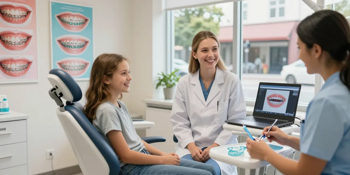 Hawthorn orthodontics consultation scene with Dr. Carolyn and a teenage patient in a friendly clinic setting, showcasing braces options.