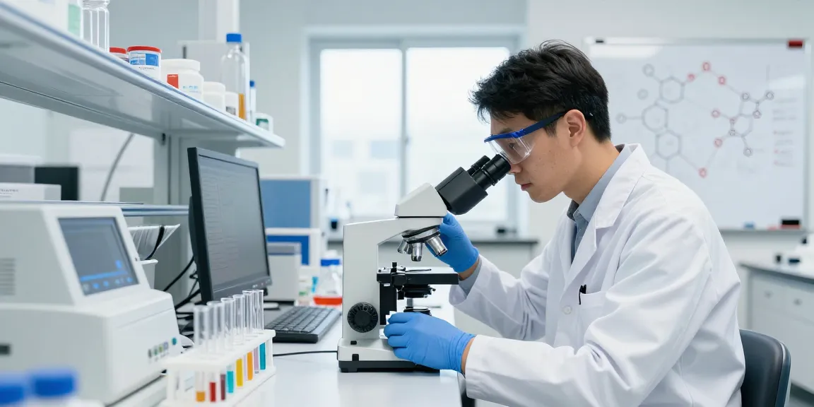 Scientist analyzing SwissChems peptide samples in a modern lab environment