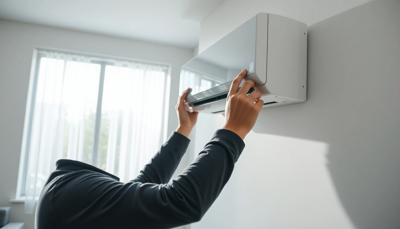 Technician installing mini split ac unit in a modern home interior.