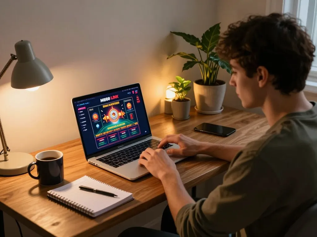 Engaging gaming scene showcasing MB88 LINK interface on laptop with cozy home setup