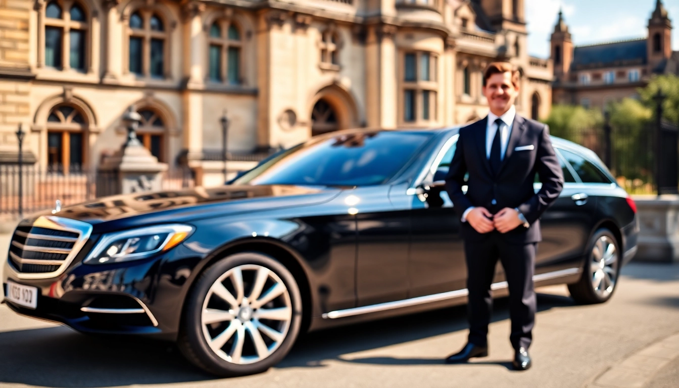 Experience luxurious Chauffeur Services Nottingham with a professional chauffeur beside a luxury car.