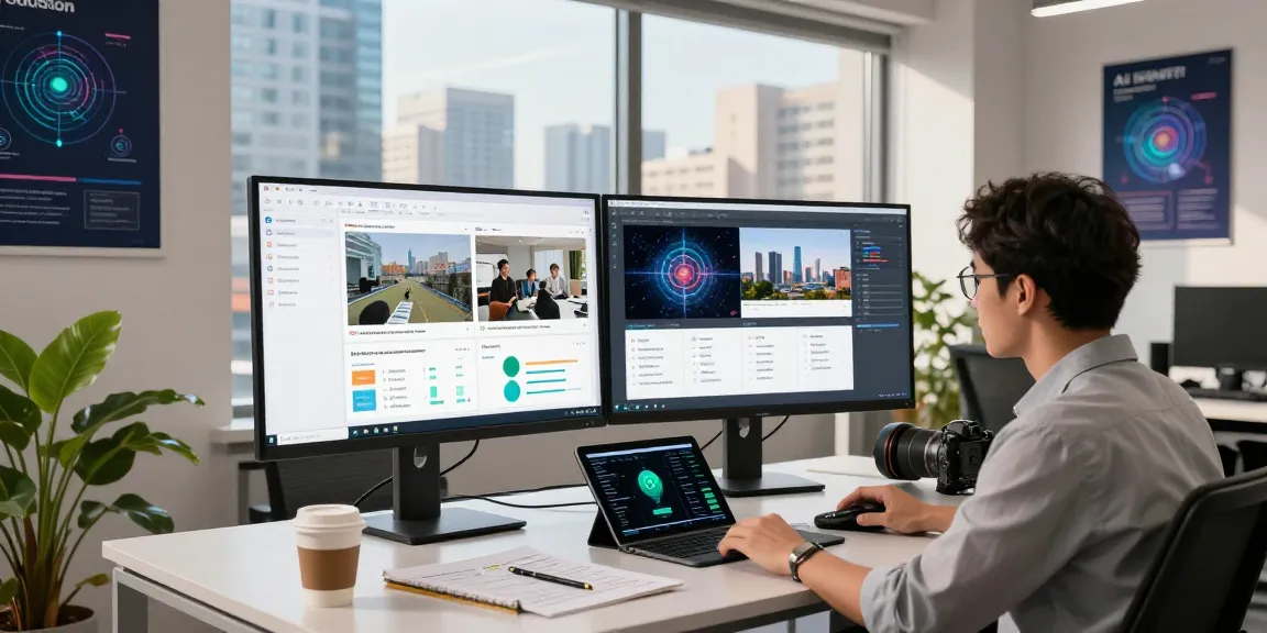AI detector workspace where a data scientist analyzes flagged content on dual screens in a modern office environment.
