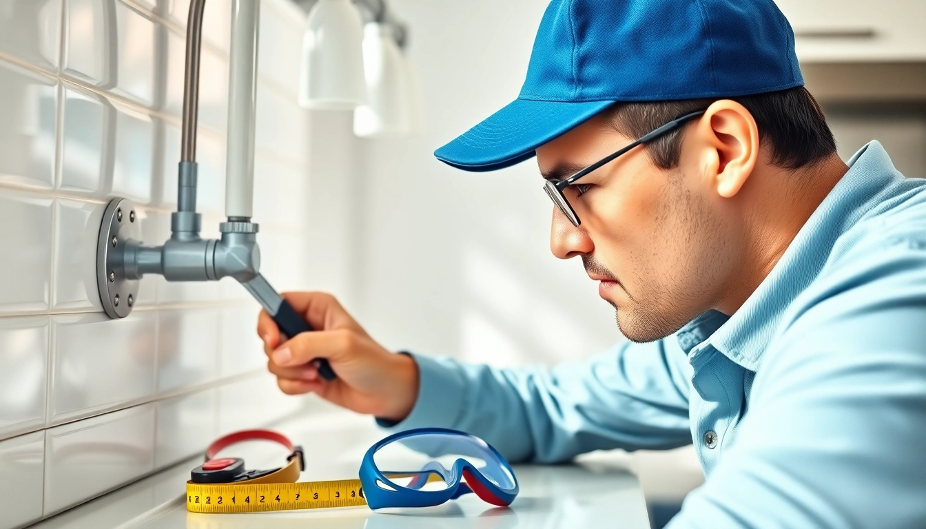 Find a reliable plumber near me performing an inspection in a bright kitchen.