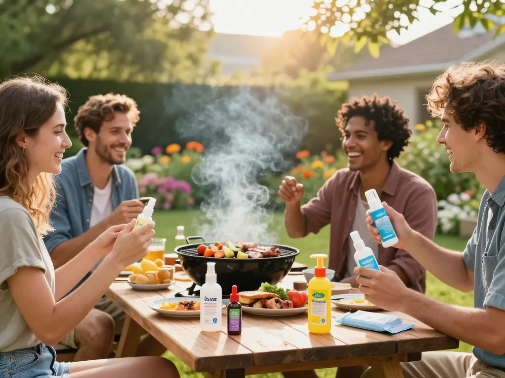 Friends enjoying a barbecue while using mosquito repellent products to ensure a bug-free experience.