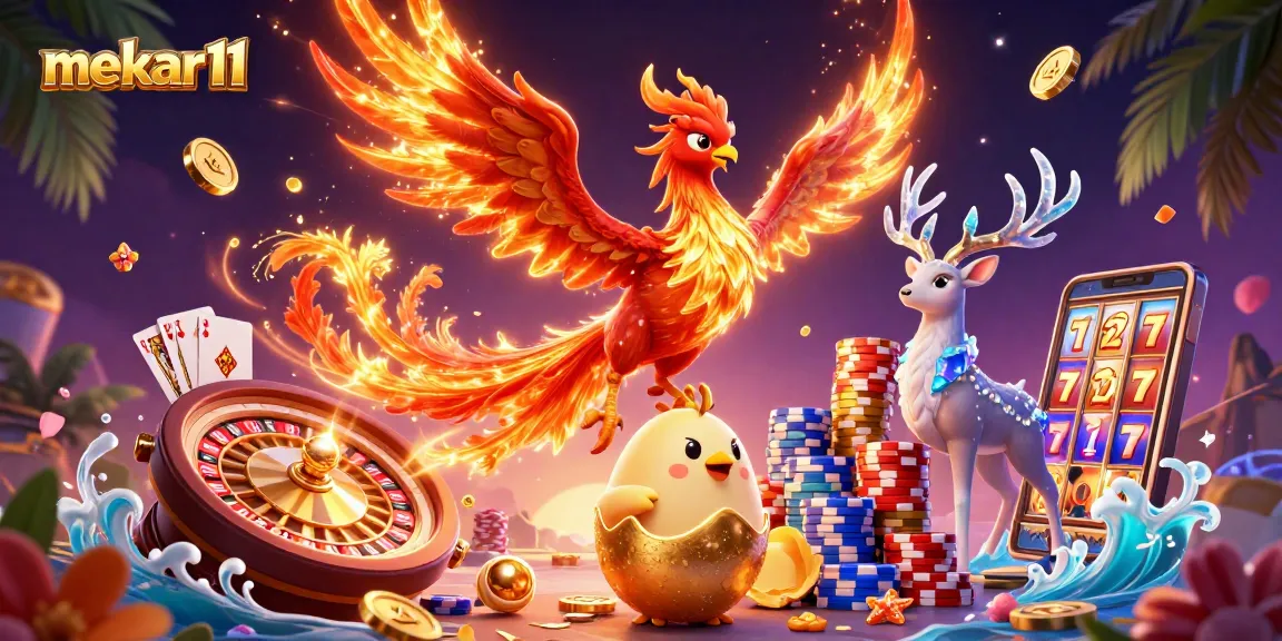 Engage with mekar11's vibrant 3D casino scene featuring a phoenix, golden coins, and dynamic game elements.