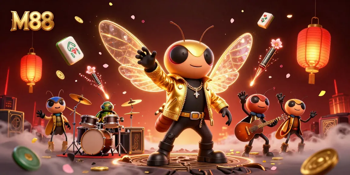 M88 engages players with vibrant and energetic 3D casino illustration showcasing rock star themes.