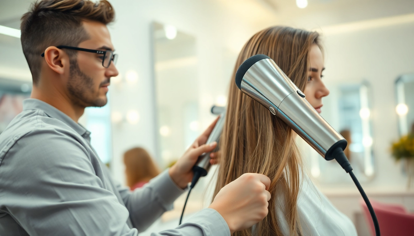 Stylist demonstrating hair dryer for frizzy hair in a bright, modern salon setting.