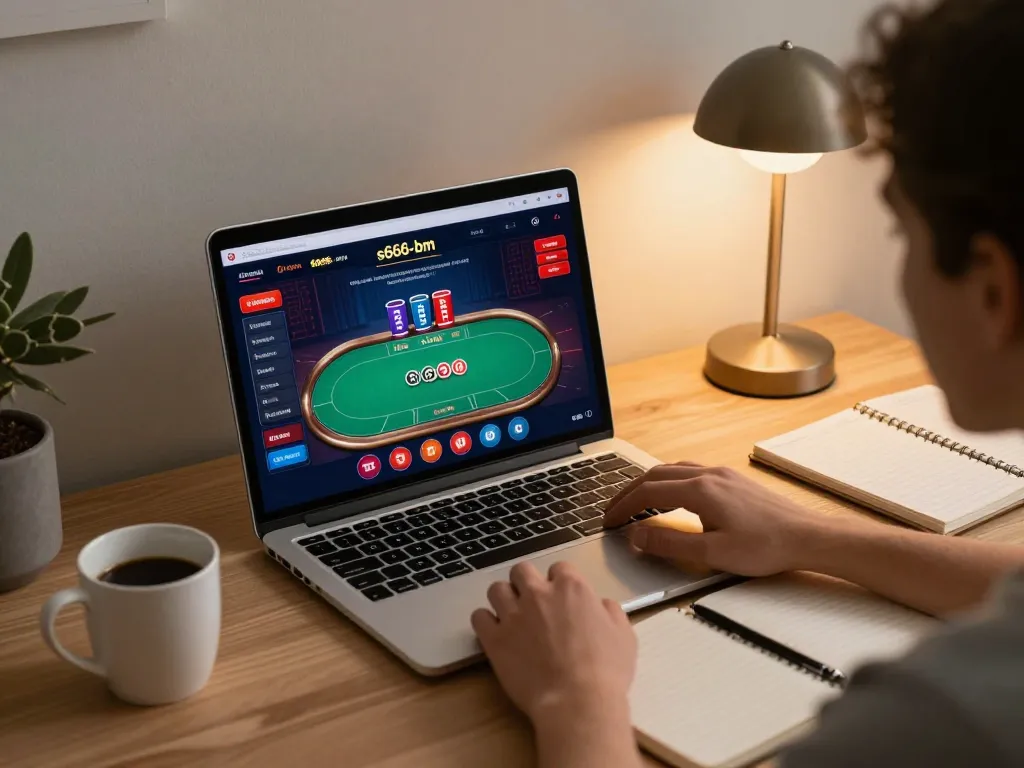 Player interacts with s666-bm online casino from a stylish home setup, combining comfort and gaming strategy.