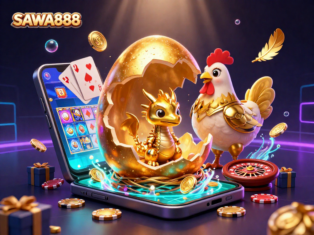 Engage with SAWA888's vibrant gaming world showcasing golden treasures and dynamic slot action.