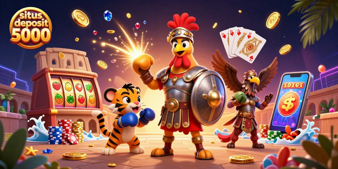 Spin to win with situs deposit 5000 on dynamic slot reels featuring lucky symbols and sparkles.