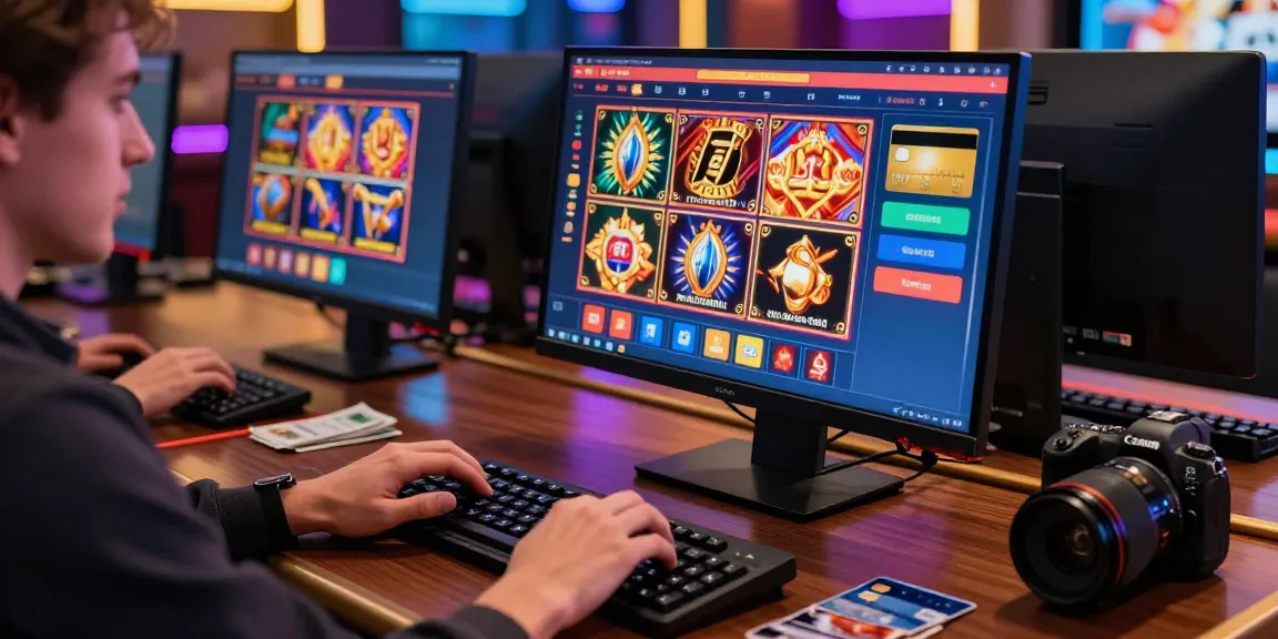 Exciting scene of player engaging with credit card casinos online, exploring slot games and bonuses.