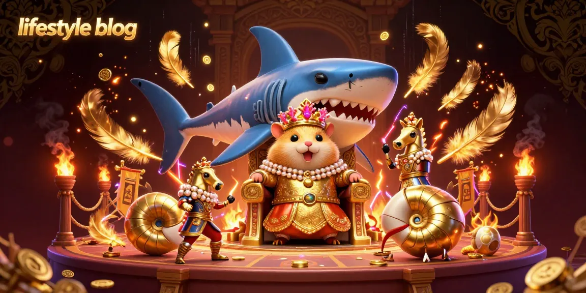 Engaging lifestyle blog themed illustration depicting a golden hamster king ruling over a casino-inspired kingdom.
