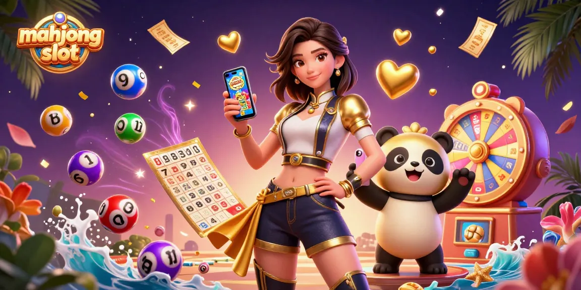 Engaging mahjong slot game illustration showcasing a stylish Asian woman and playful panda mascot.