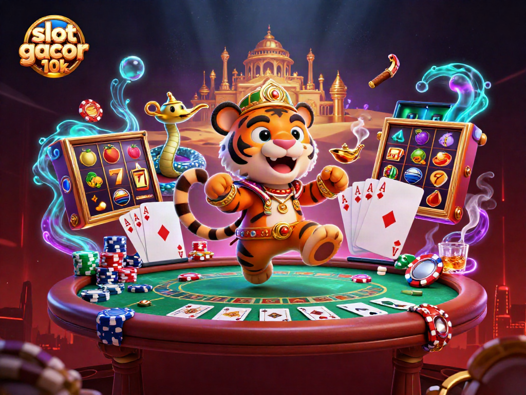 Engage with slot gacor 10k in a vibrant casino scene featuring a tiger sultan on a flying carpet.