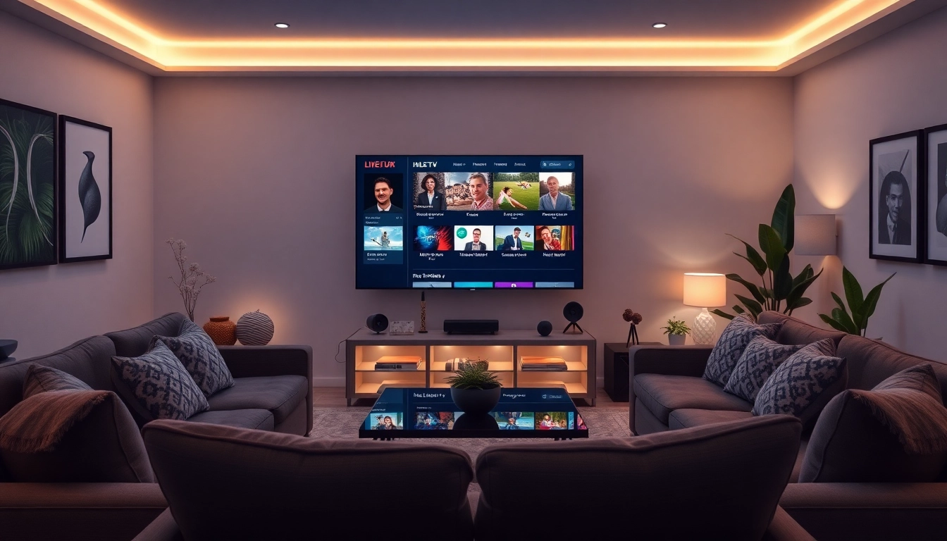 Experience live tv streaming in a stylish home entertainment setup with cozy seating and ambient lighting.