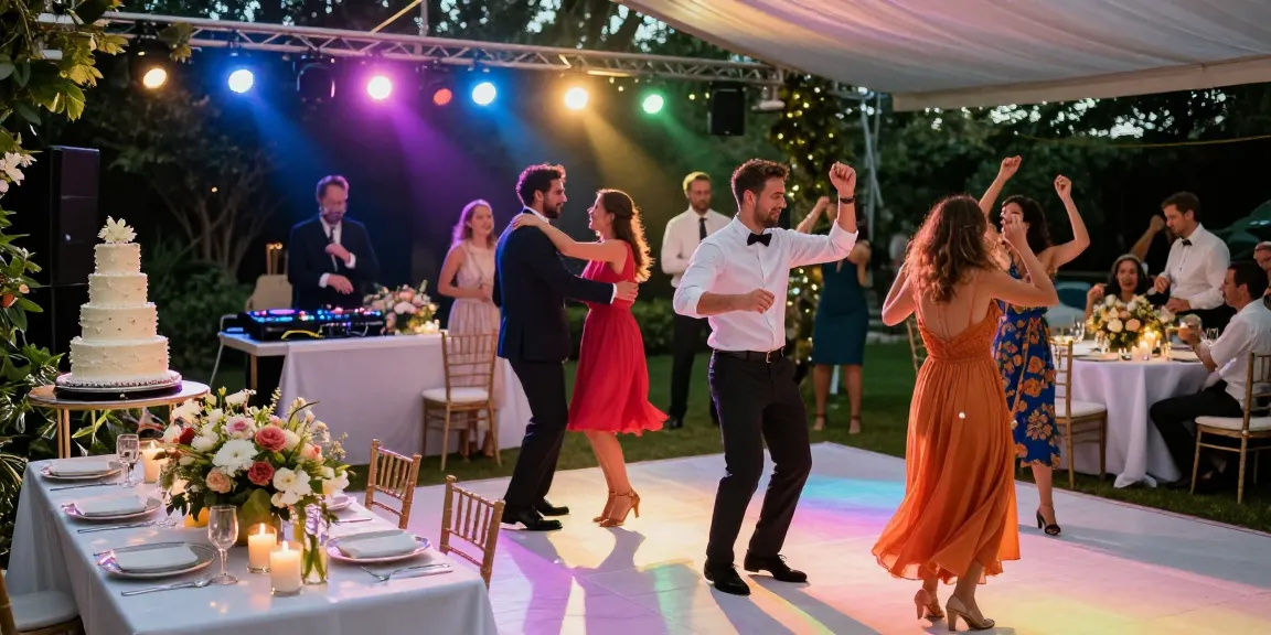 DJ für Hochzeit Berlin - Fröhliche Tanzfläche mit DJ, festlich dekorierten Tischen und tanzenden Gästen