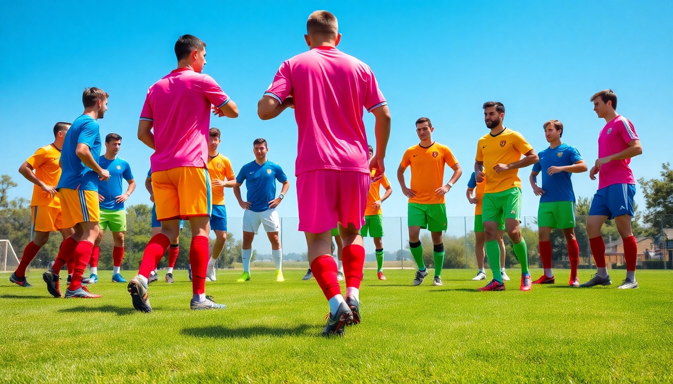 Showcasing team football kits worn by athletes during practice on a vibrant football pitch.