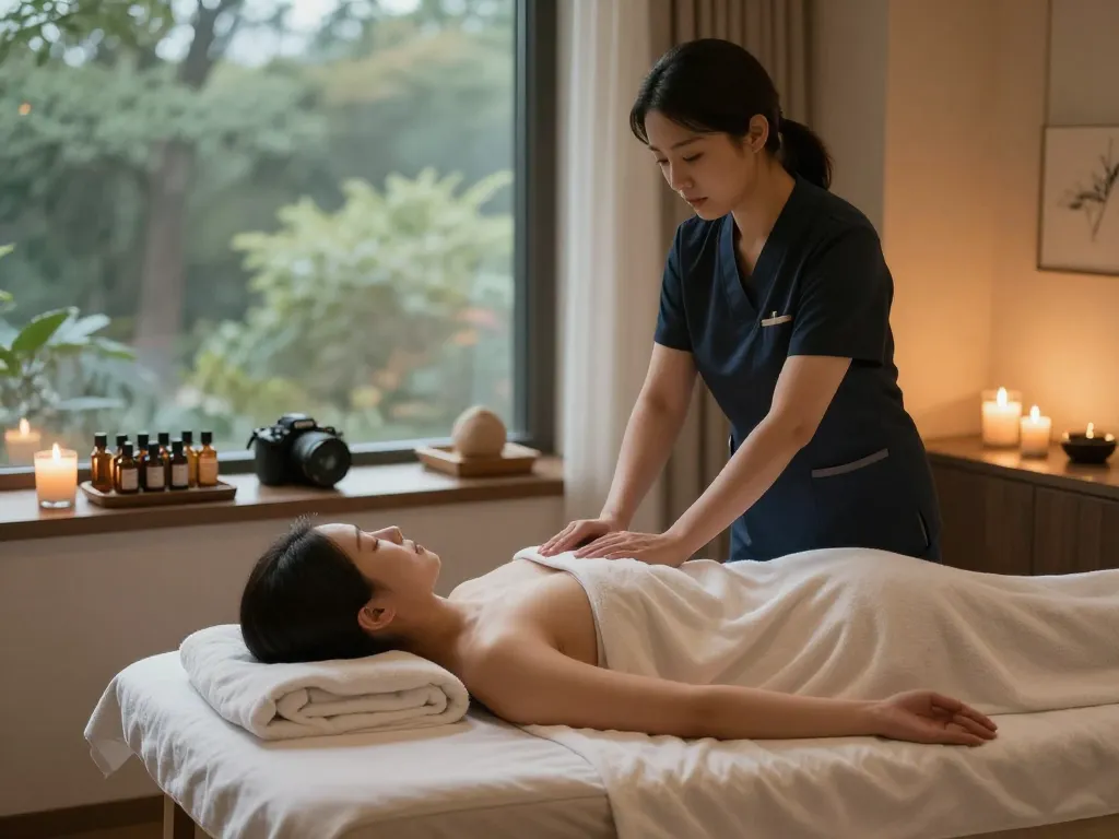 강남마사지 experience in a luxury spa showcasing a relaxing therapy session.