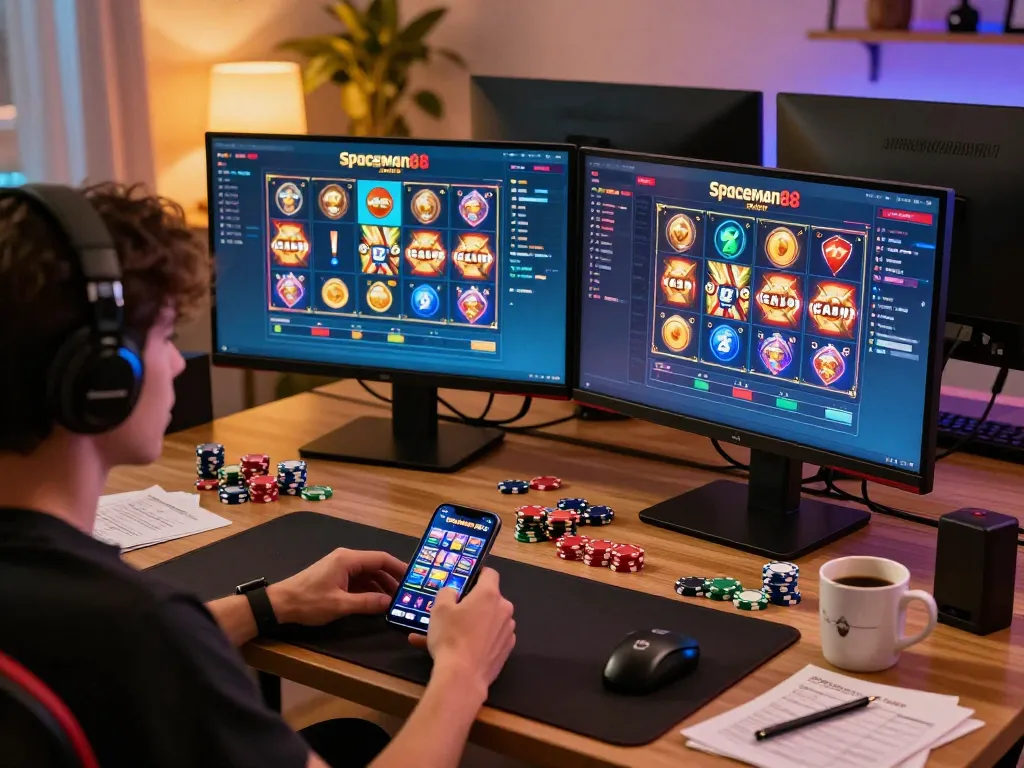 Engaging gameplay on Spaceman88 situs slot gacor with online slot displays and personalized gaming setup.